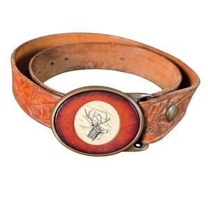 Vintage McLellan Tooled Leather Belt Solid Brass Deer Buckle 44" Western 70s–90s